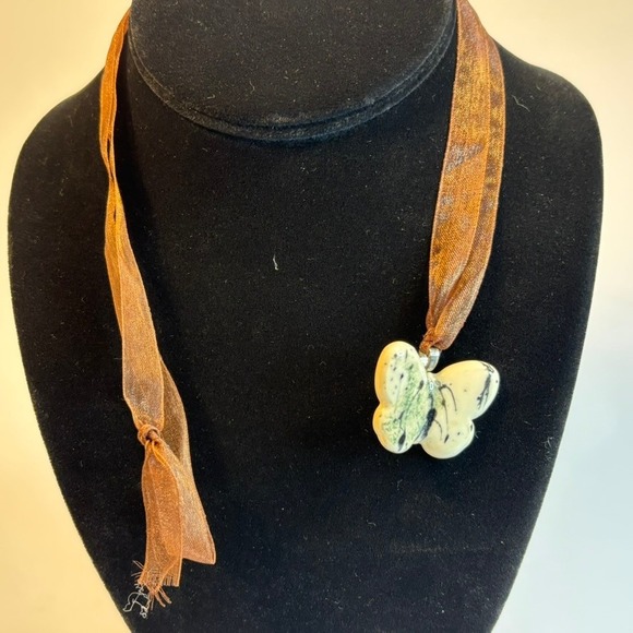Unique Butterfly Pendant Necklace Sheer Ribbon Cord Boho Charm - Picture 4 of 7